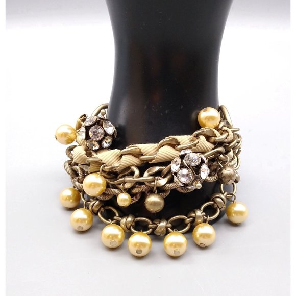 Vintage Talbots Multi Strand Bracelet, Antique Gold Tone with Faux Pearls, Beige - Picture 2 of 5